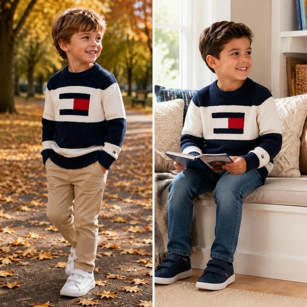 Tommy Hilfiger Boys XS 4-5 Navy Flag Colorblock Cotton Knit Sweater Preppy Fall